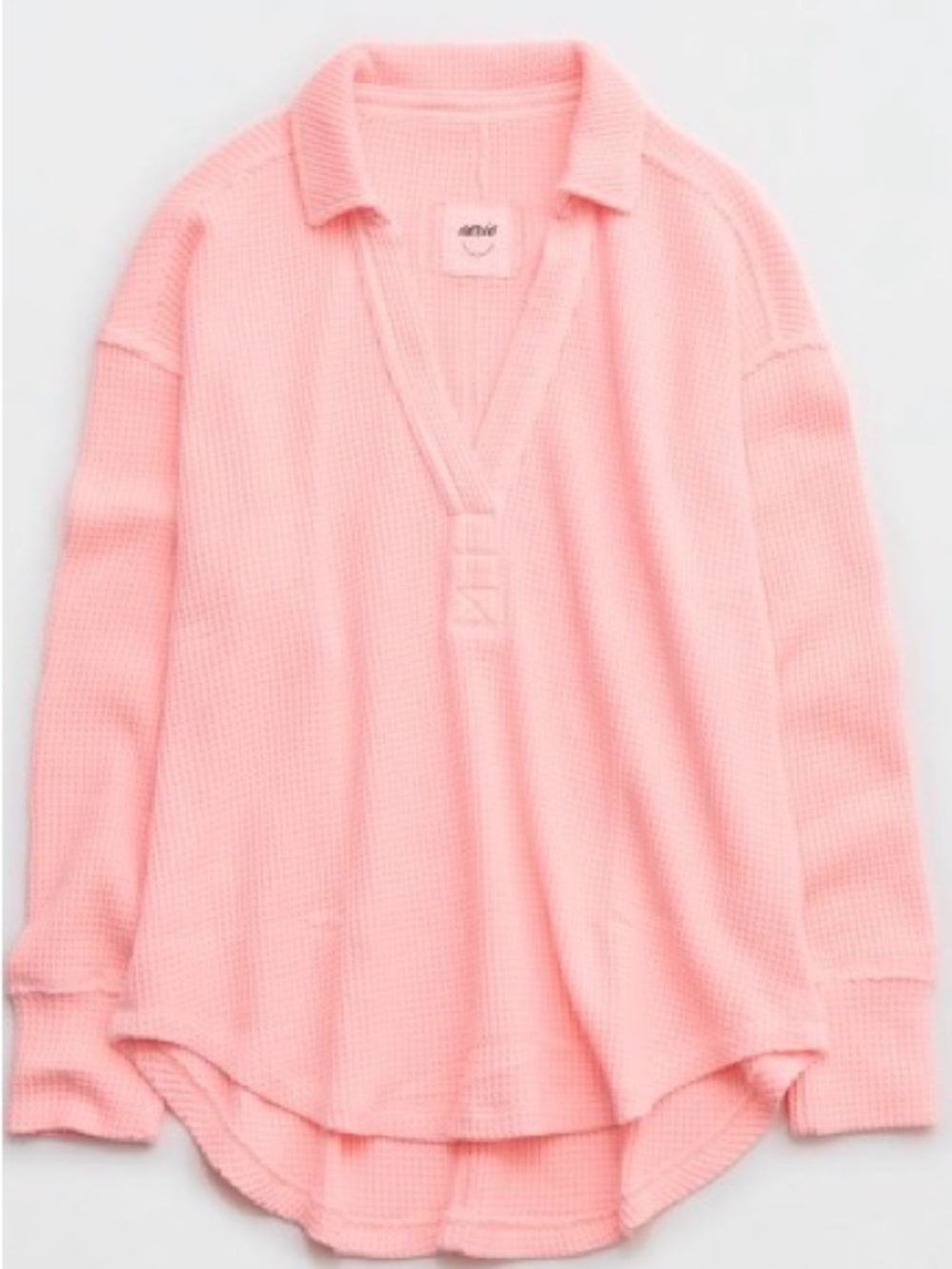 aerie Pink Waffle-Knit V-Neck Collared Sweater